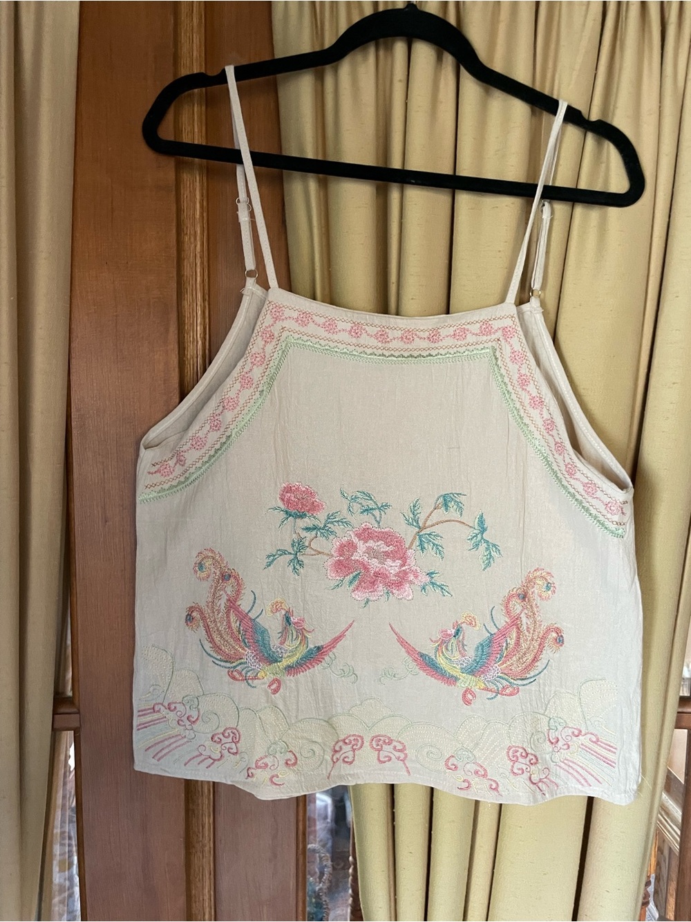 Ivory Floral & Embroidered Bird Cami with Pink Accents